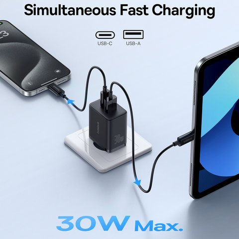 Сетевое зарядное устройство Baseus Cube, 30 Вт, Power Delivery (PD), Fast Charge, черный, 2 порта, #P10111404113-00 Превью 5