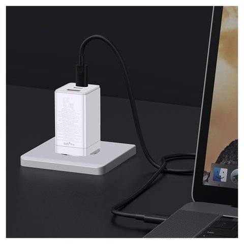 Adaptador de red Baseus GaN3 Pro, 65 W, Quick Charge, blanco, con cable USB tipo C - USB tipo C, 3 puertos, #CCGP050102 Vista previa  1